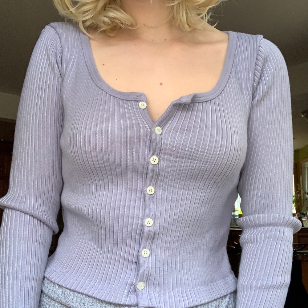 Zelly Ribbed Long Sleeve Top by Brandy Melville in color purple, size small